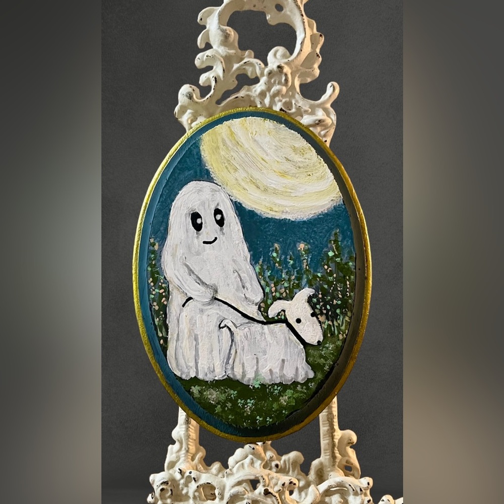 Ghost Walking Ghost Dog Painting - OOAK Hand Painted on Wood